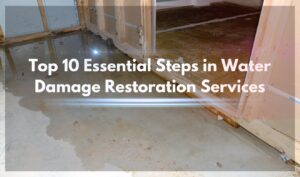 water damage restoration services professionals extracting water from a flooded living room.