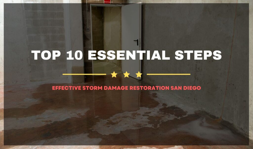 Storm damage restoration San Diego showing professionals repairing a roof.